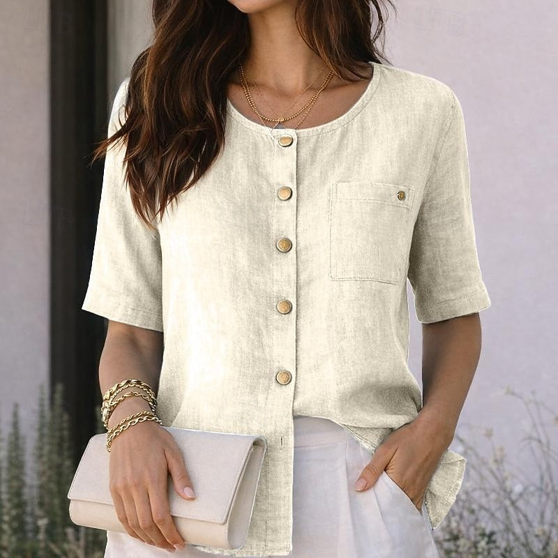 Round Neck Short Sleeve Button Front Blouse 2