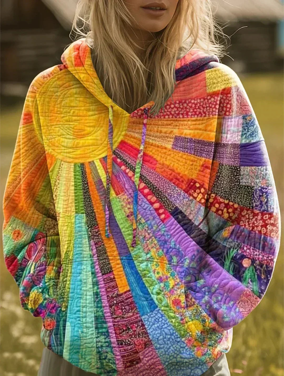 Sun Patchwork Print Quilted Drawstring Hooded Jacket