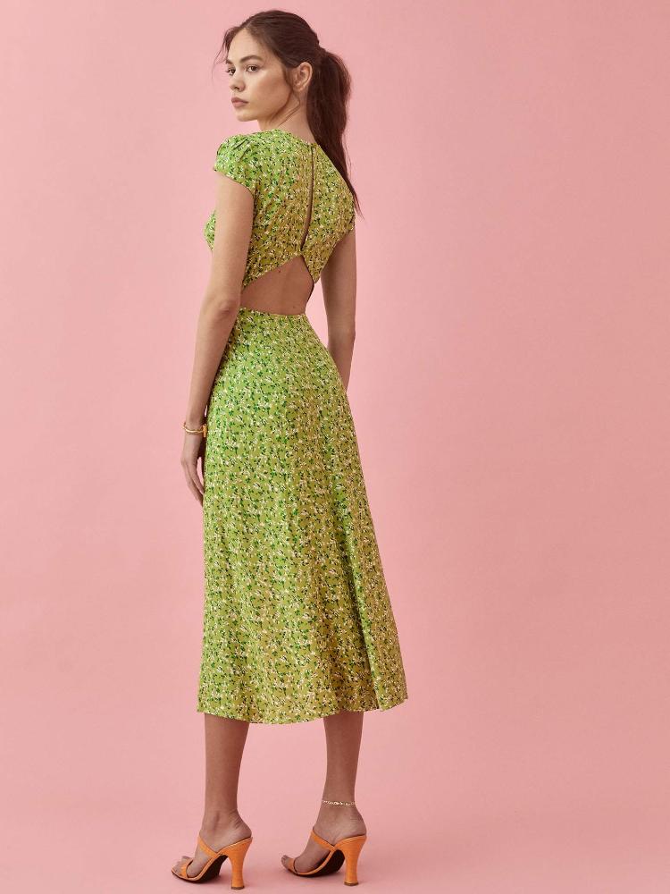 Floral Print Cap Sleeve High Split Bodycon Midi Summer Dress - View 2