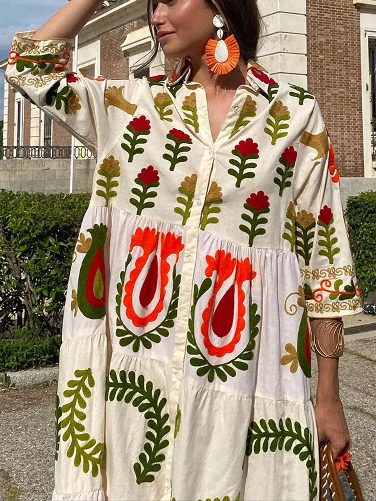 Embroidered Floral Long Sleeve Collared Button Front Tiered Maxi Dress - View 5