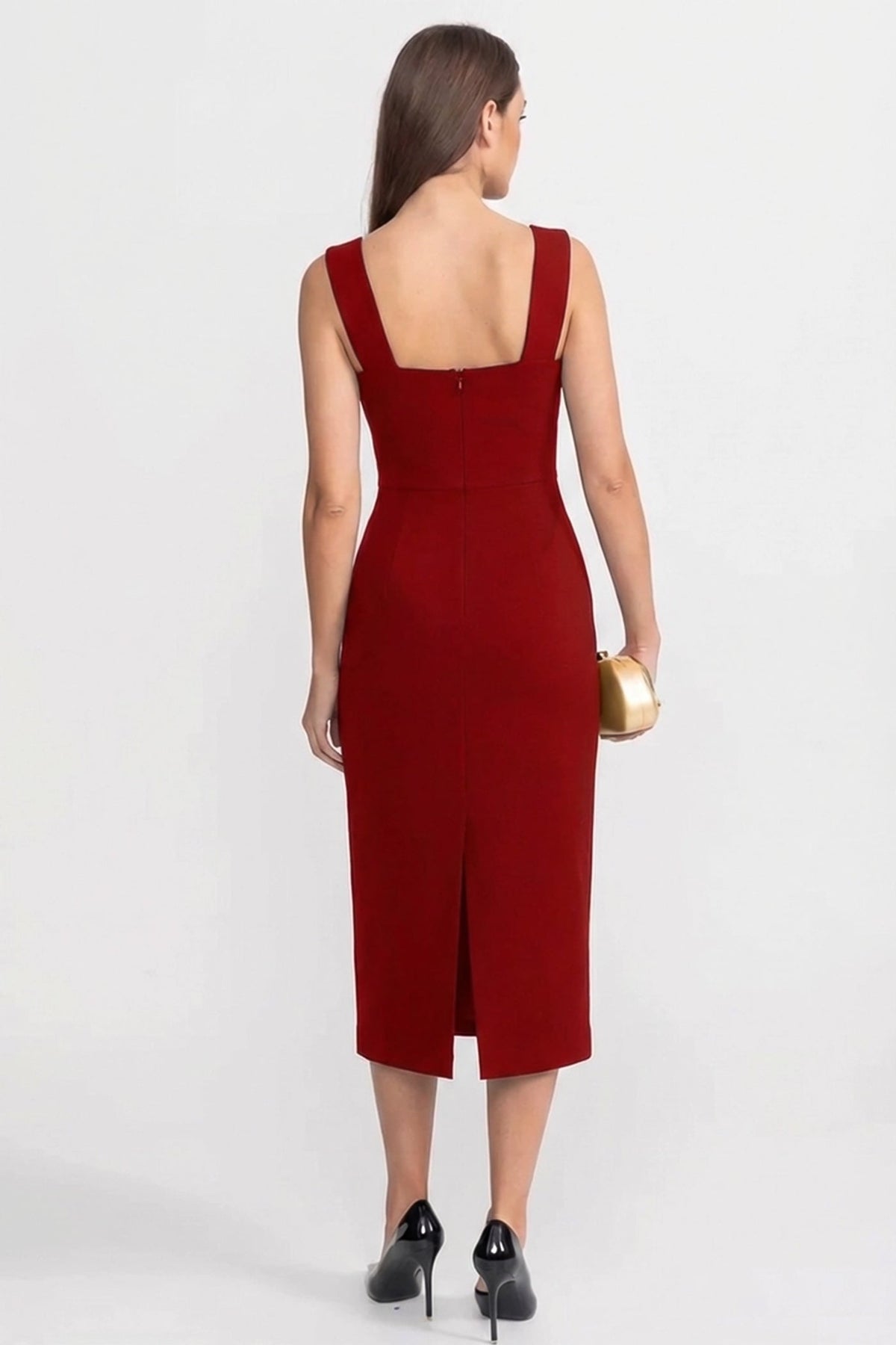 Structured Midi Dress with Sculpted Floral Accent – Red - View 4