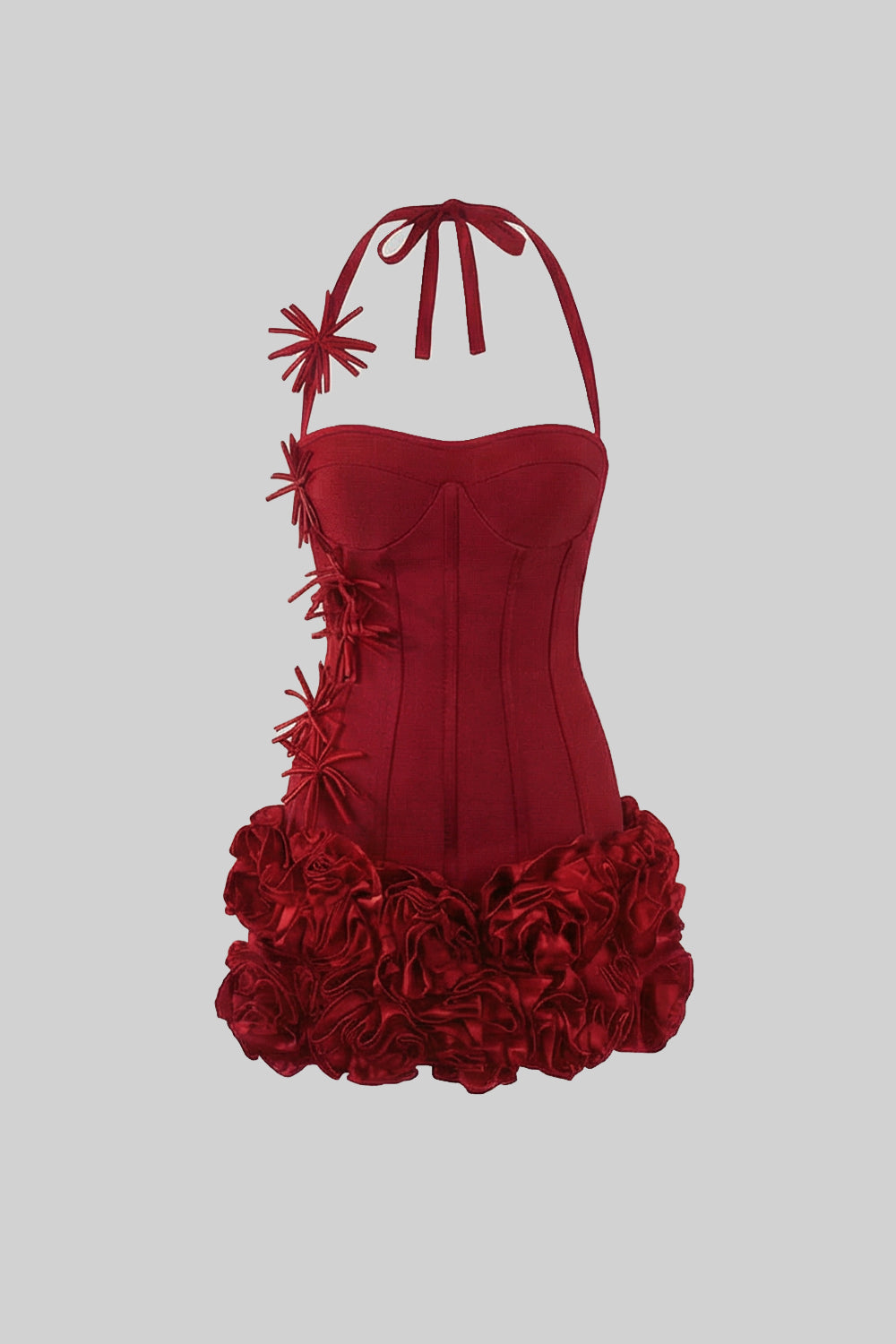 Corset Mini Dress with Sculpted Floral Hem – Red - View 2