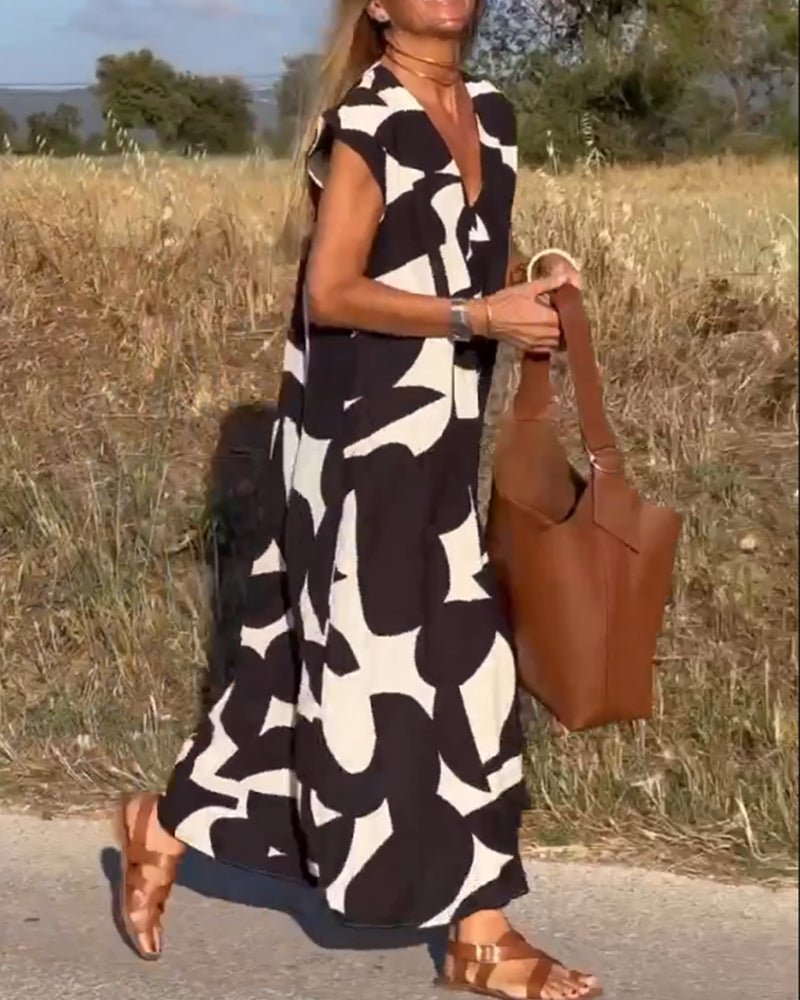 V-Neck Abstract Geometric Print Short Sleeve Kaftan Maxi Dress - View 8