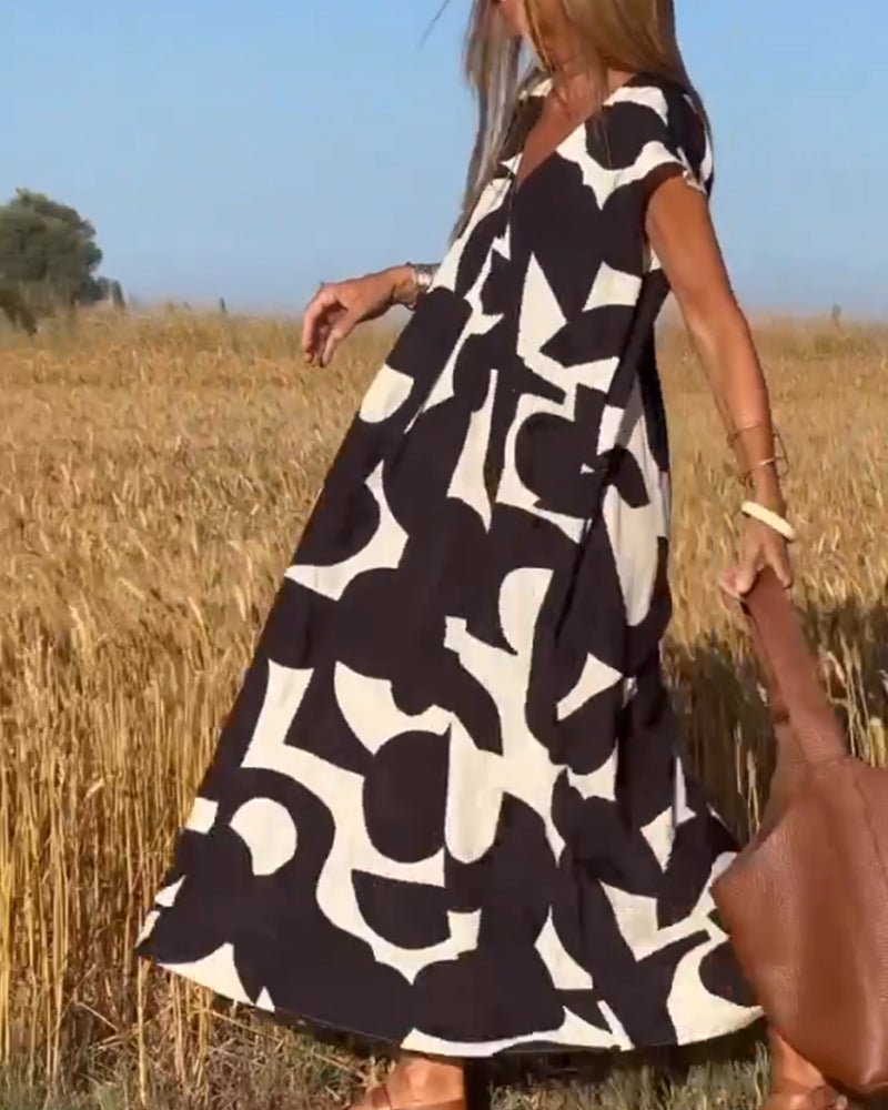 V-Neck Abstract Geometric Print Short Sleeve Kaftan Maxi Dress - View 2