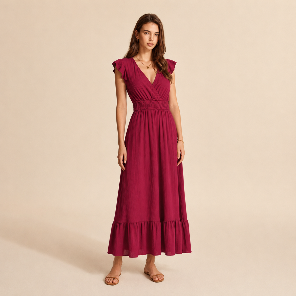 V-Neck Flutter Sleeve Shirred Waist Tiered Maxi Dress 10