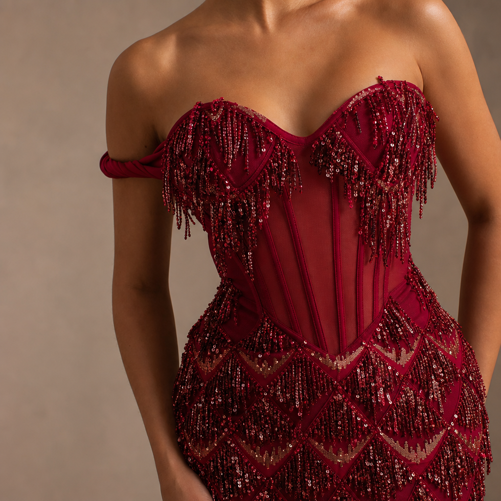 Sweetheart Corset Sequin Fringe Mermaid Maxi Gown 8