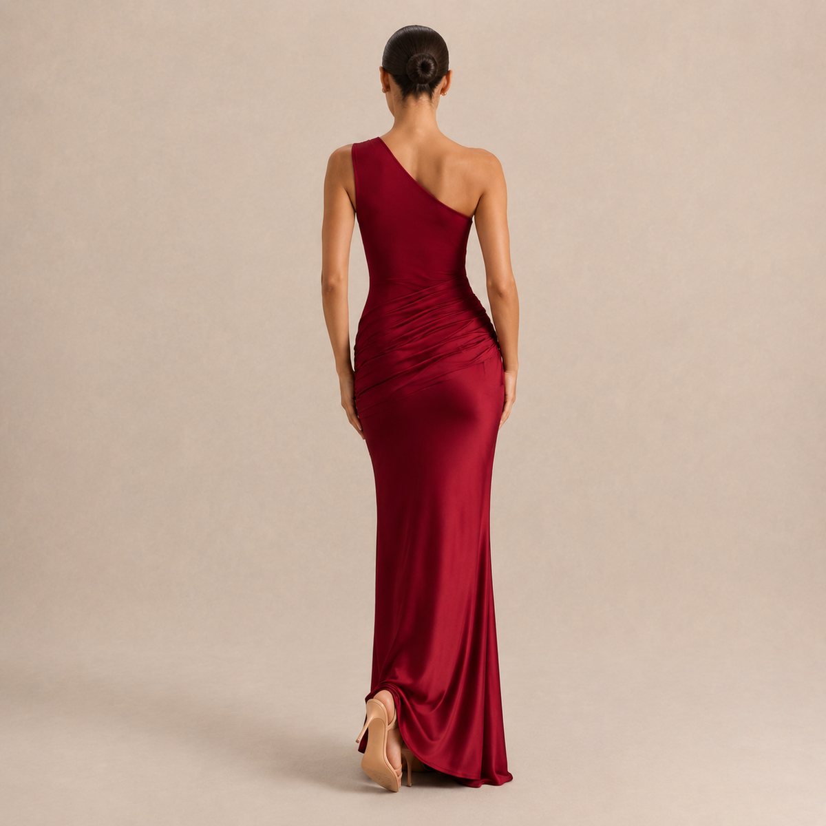 One Shoulder Ruched Satin Fishtail Maxi Gown 12