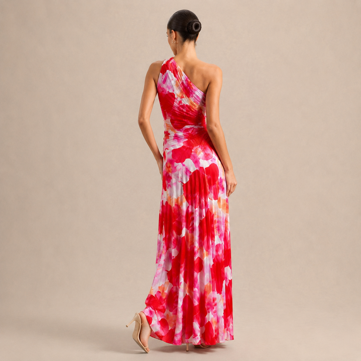 One Shoulder Floral Pleated O Ring Cut Out Maxi Dress 3