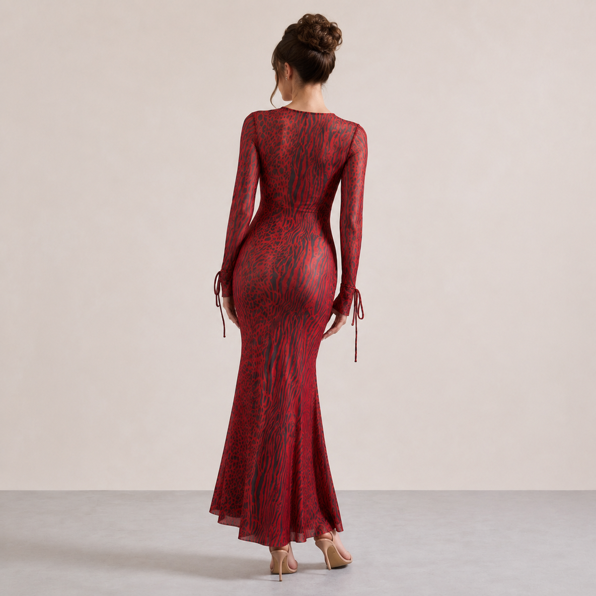 Animal Print Mesh Long Sleeve Fishtail Maxi Dress 3