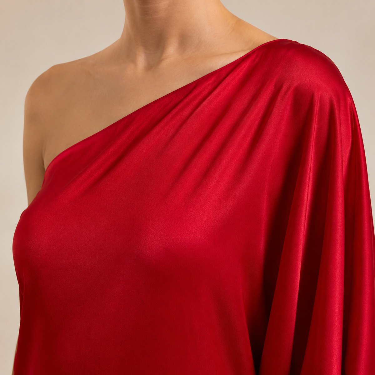 One Shoulder Batwing Sleeve Satin Side Split Maxi Dress 2