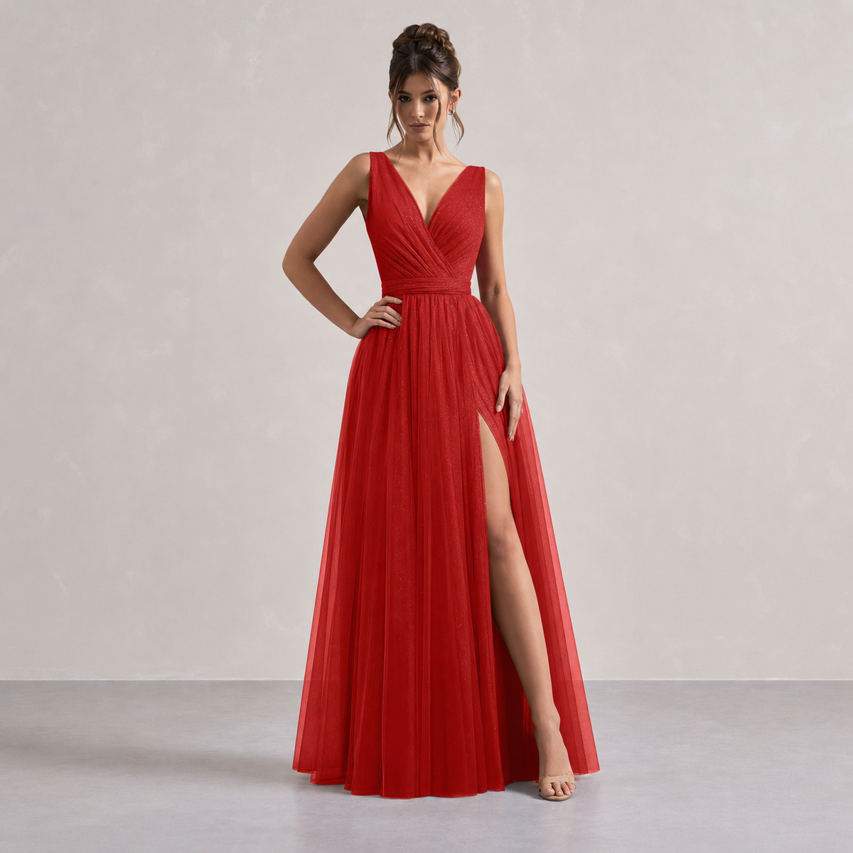 V-Neck Sleeveless Glitter High Split A-Line Maxi Gown 10