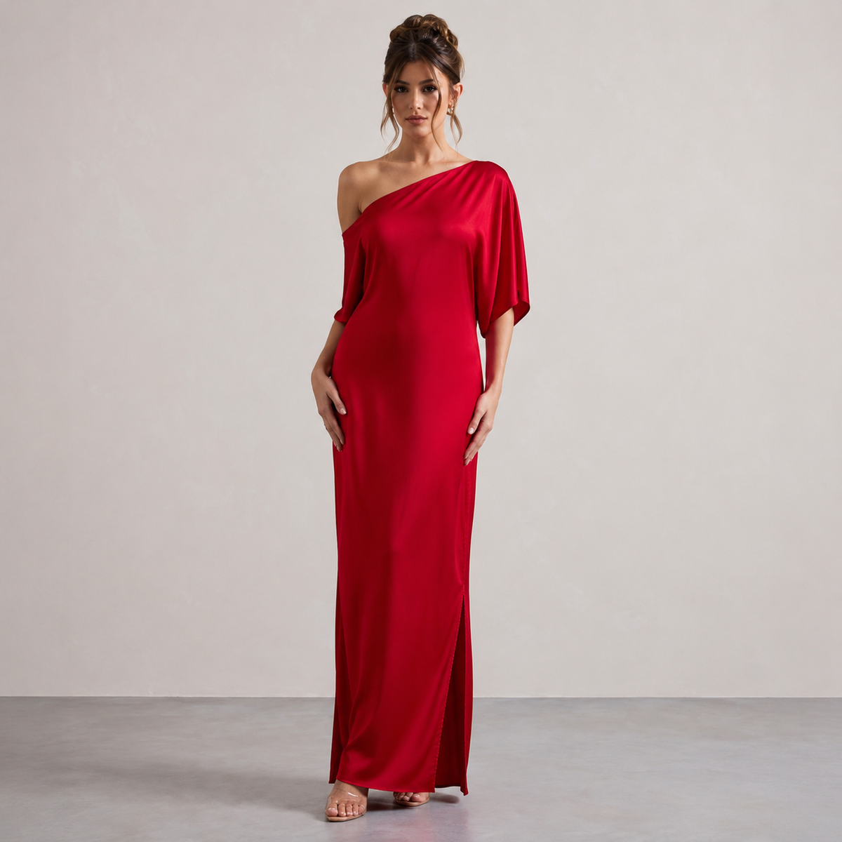 One Shoulder Batwing Sleeve Satin Side Split Maxi Dress