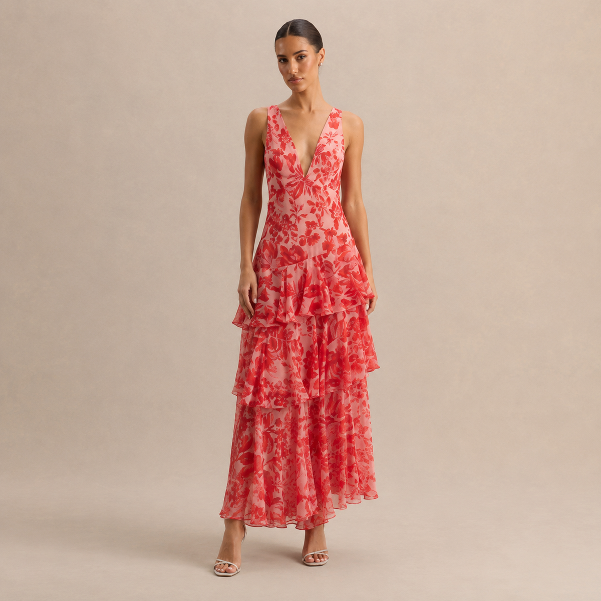 Floral Deep V-Neck Sleeveless Tiered Ruffle Maxi Dress