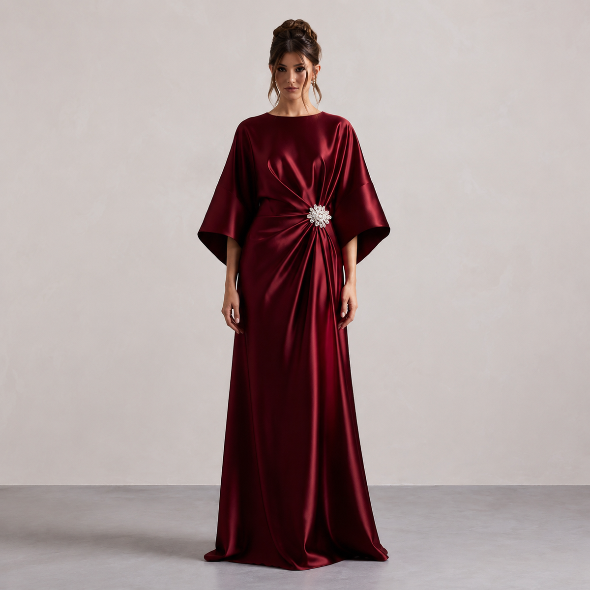 Round Neck Batwing Sleeve Brooch Ruched Satin Maxi Gown 4