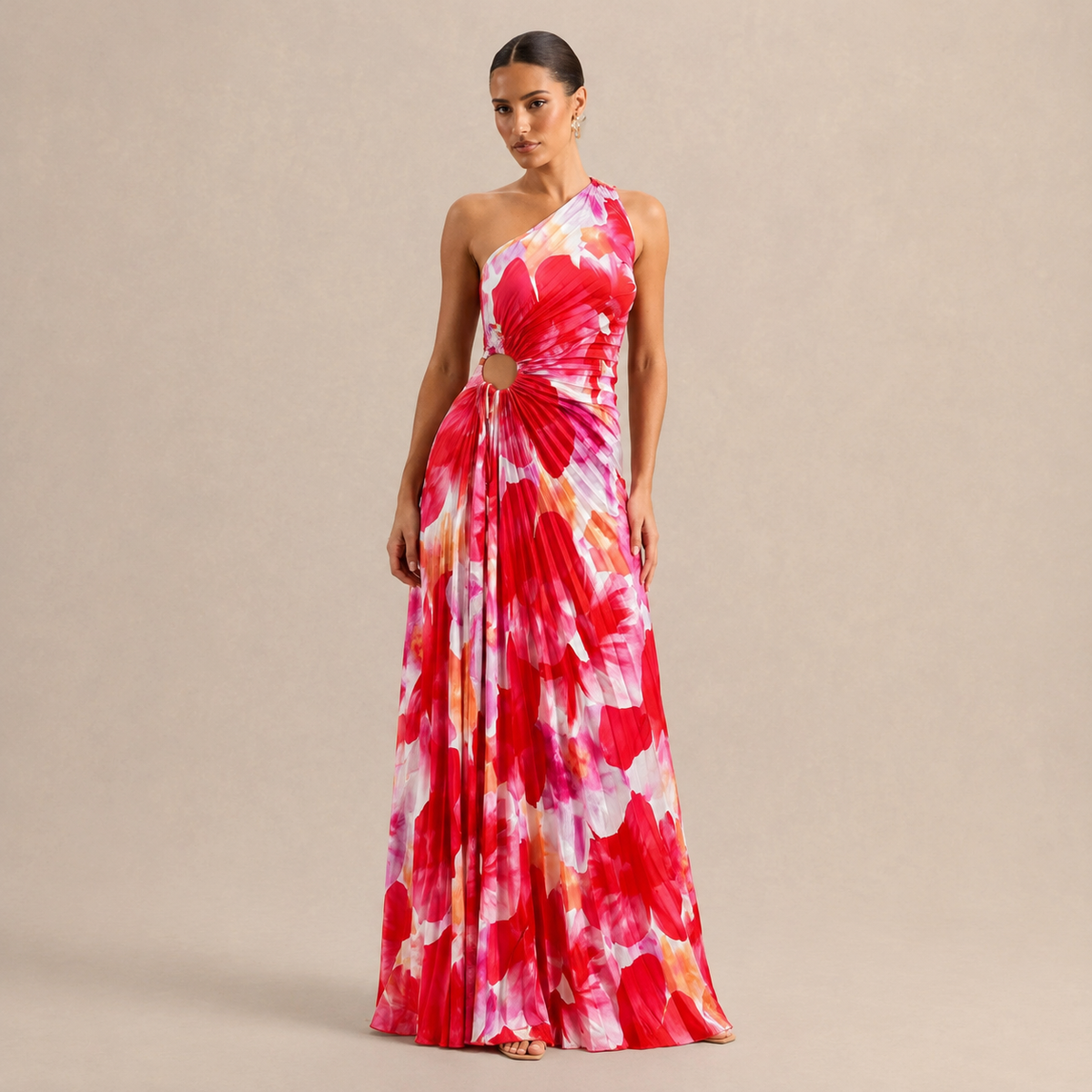 One Shoulder Floral Pleated O Ring Cut Out Maxi Dress