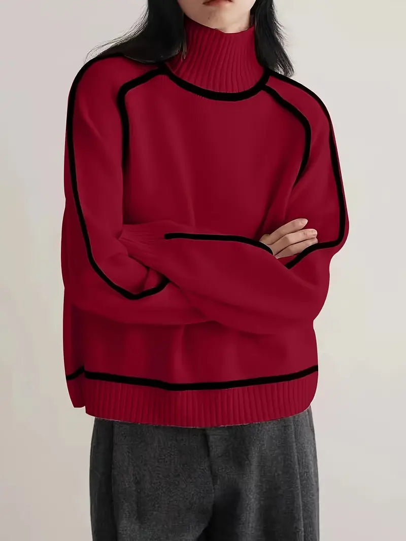 Turtleneck Contrast Piping Long Sleeve Knit Sweater 11