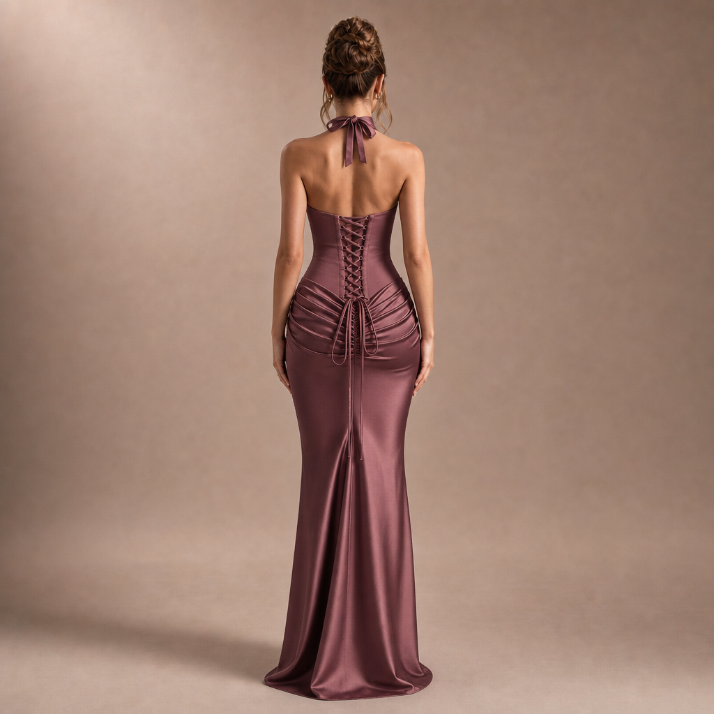 Halter Choker Strapless Corset Ruched Satin Fishtail Maxi Gown 6