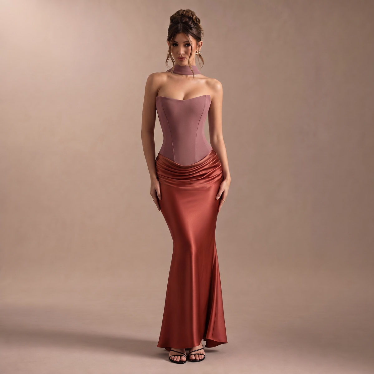 Halter Choker Strapless Corset Ruched Satin Fishtail Maxi Gown 4