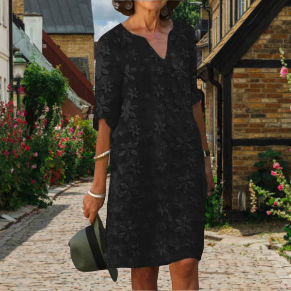 Floral Textured V-Neck Short Sleeve Shift Midi Dress - View 2