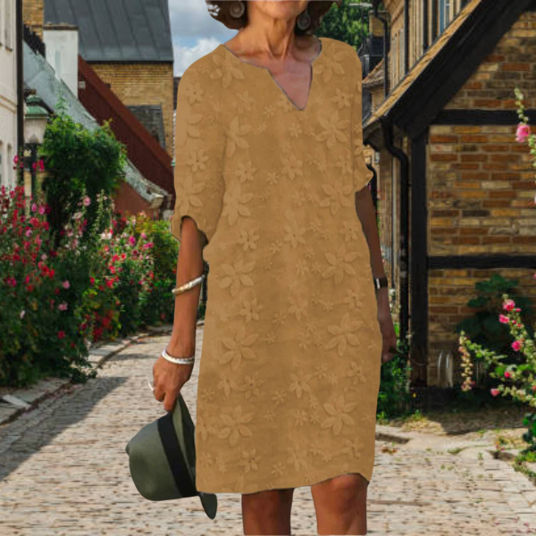 Floral Textured V-Neck Short Sleeve Shift Midi Dress - View 10