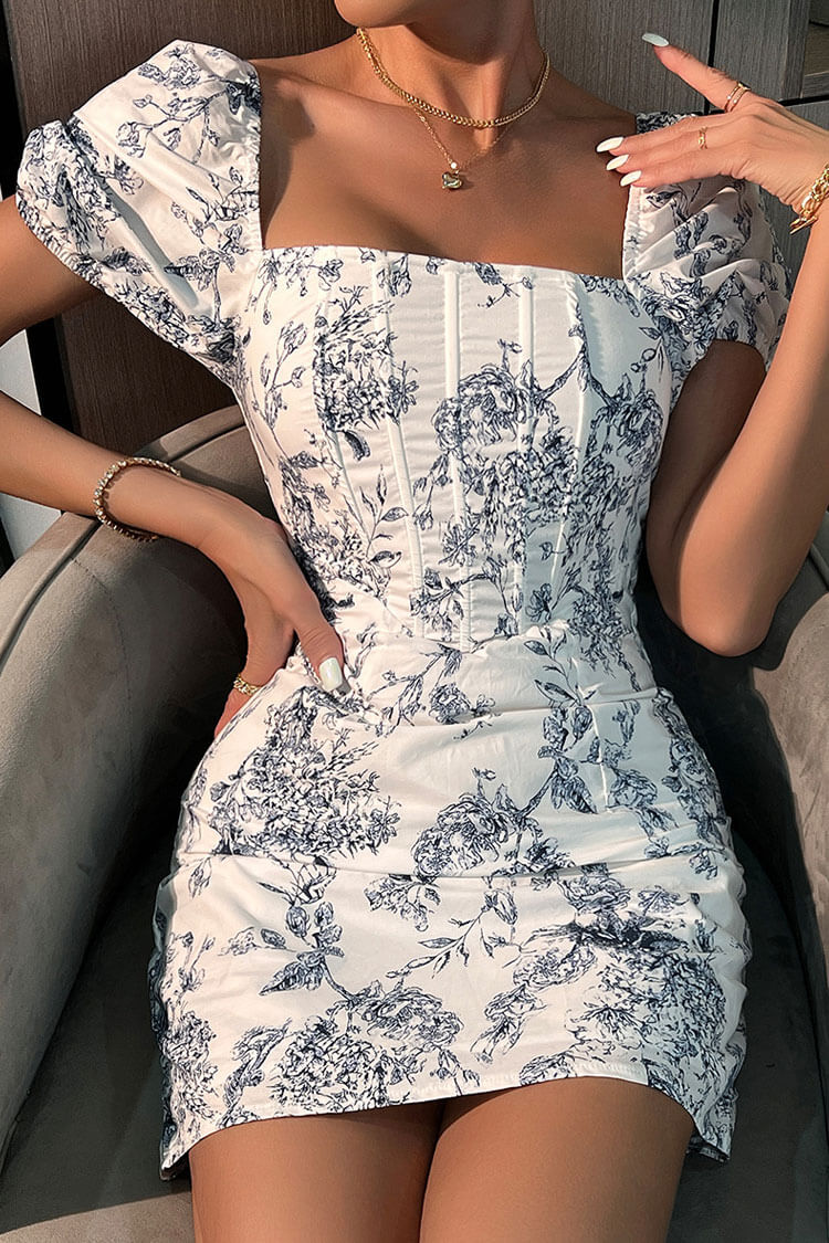 Floral Square Neck Puff Sleeve Corset Bodycon Mini Dress - View 2