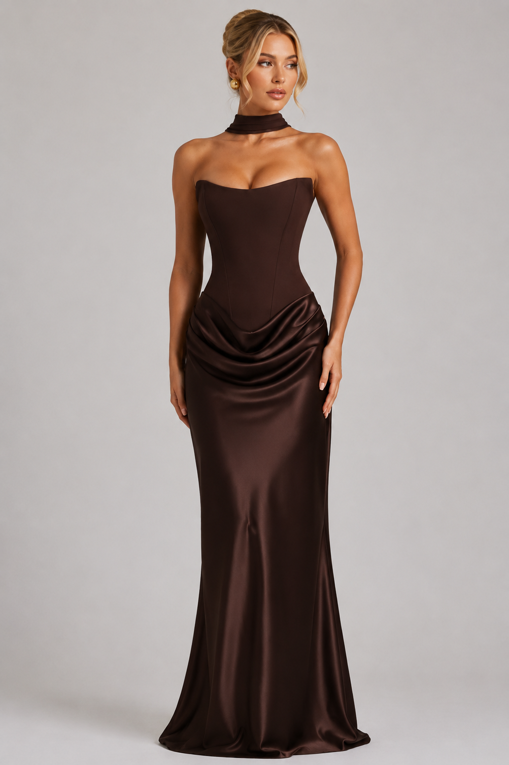 Strapless Corset Satin Ruched Mermaid Maxi Gown 5
