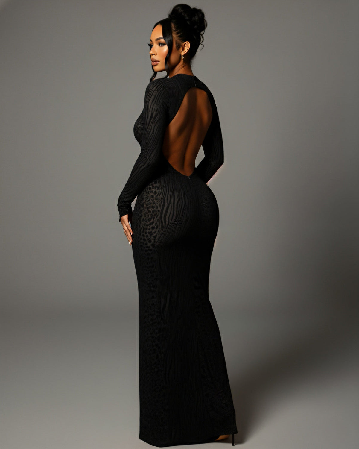 Animal Print Mesh High Neck Long Sleeve Bodycon Maxi Dress 9