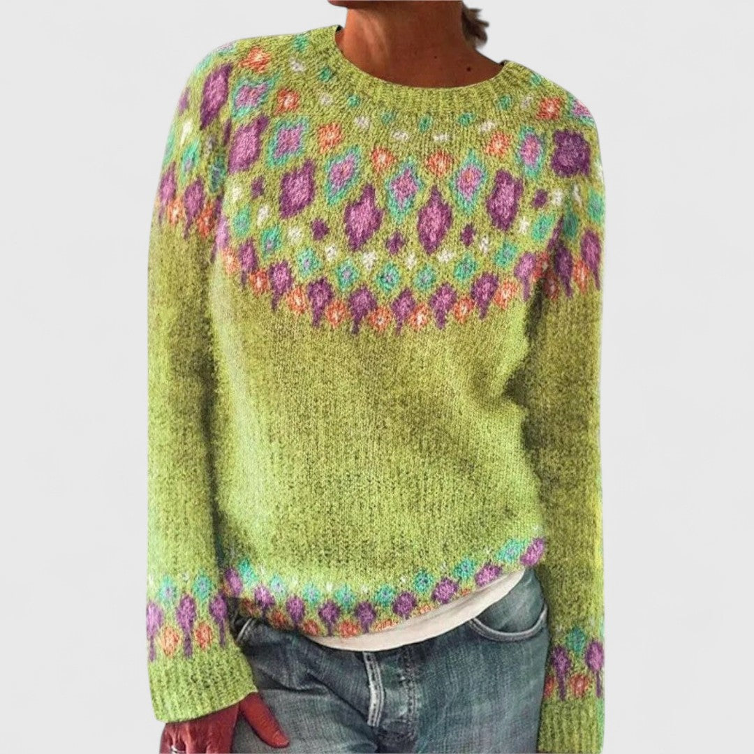 Crew Neck Long Sleeve Fair Isle Knit Sweater