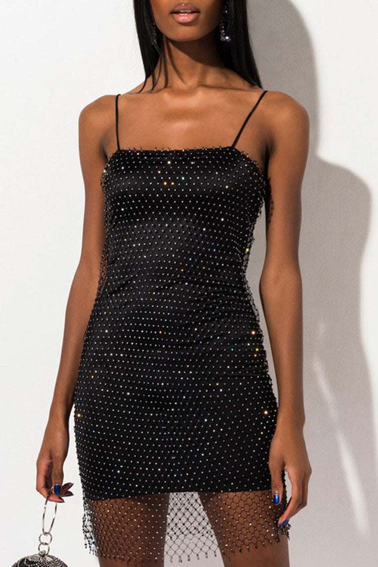 Rhinestone Square Neck Spaghetti Strap Bodycon Party Mini Dress