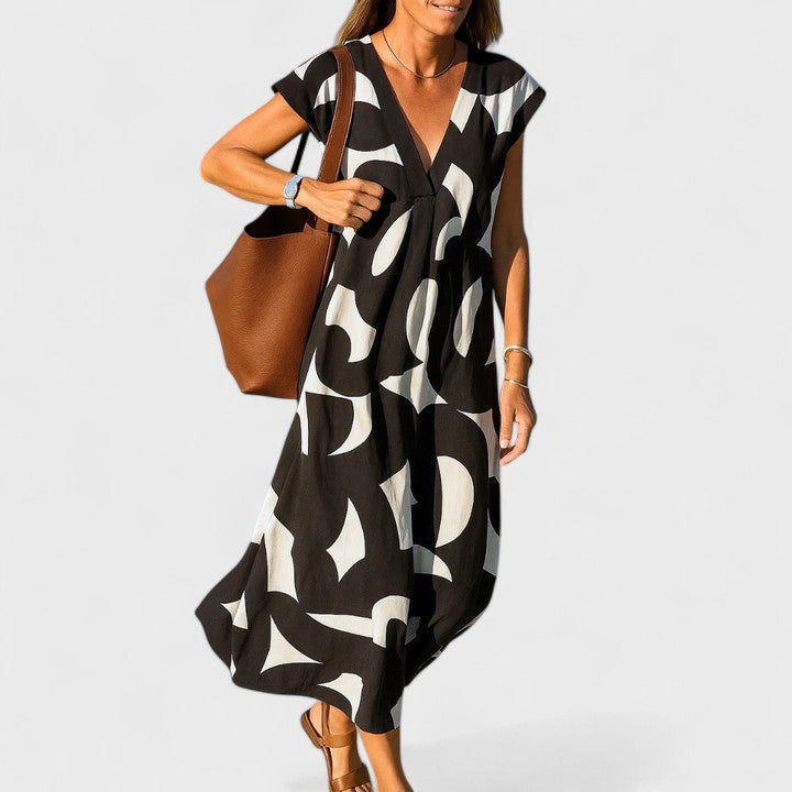 Geometric Print V-Neck Cap Sleeve A-Line Maxi Dress 3