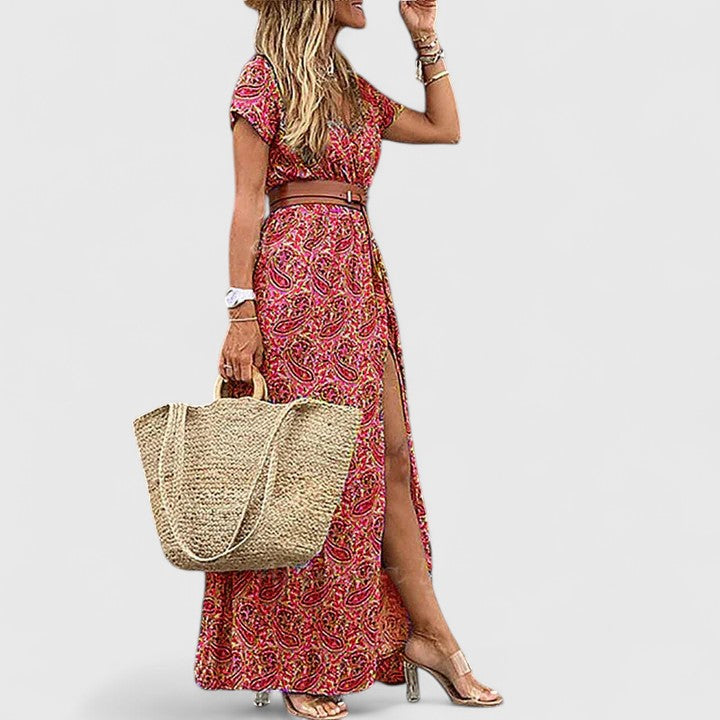 Floral V-Neck Short Sleeve Belted Maxi Dress 6