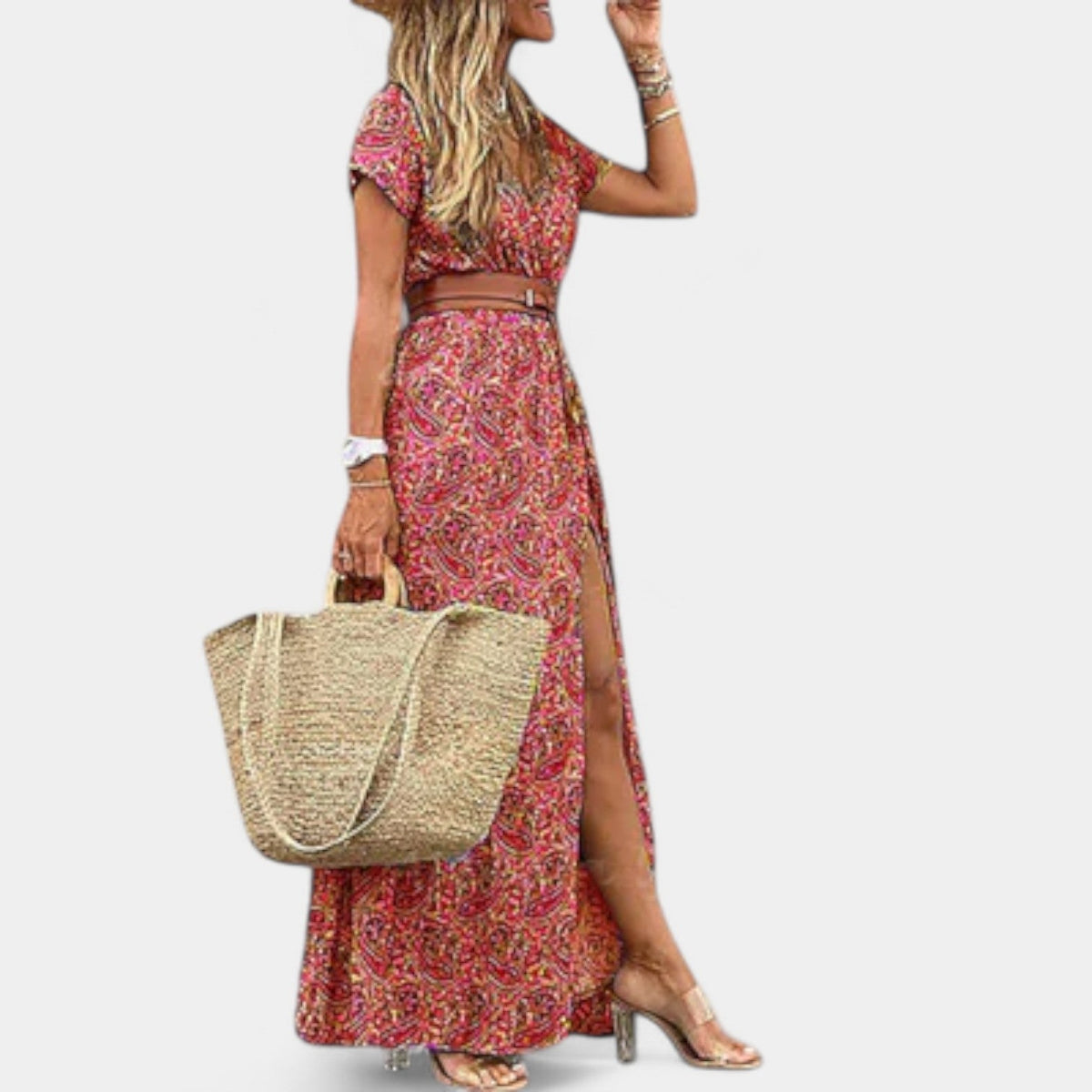 Paisley Print Short Sleeve Belted High Split Maxi Dress 5