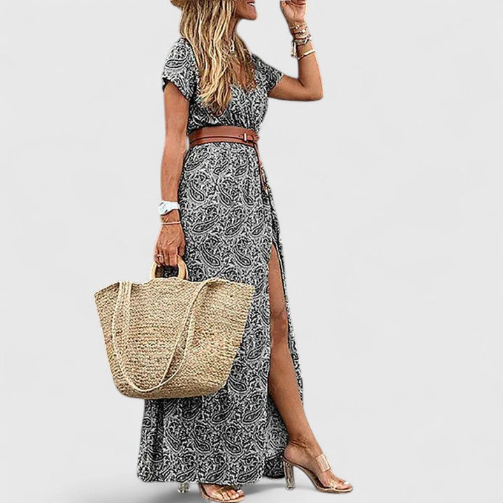 Floral V-Neck Short Sleeve Belted Maxi Dress 8