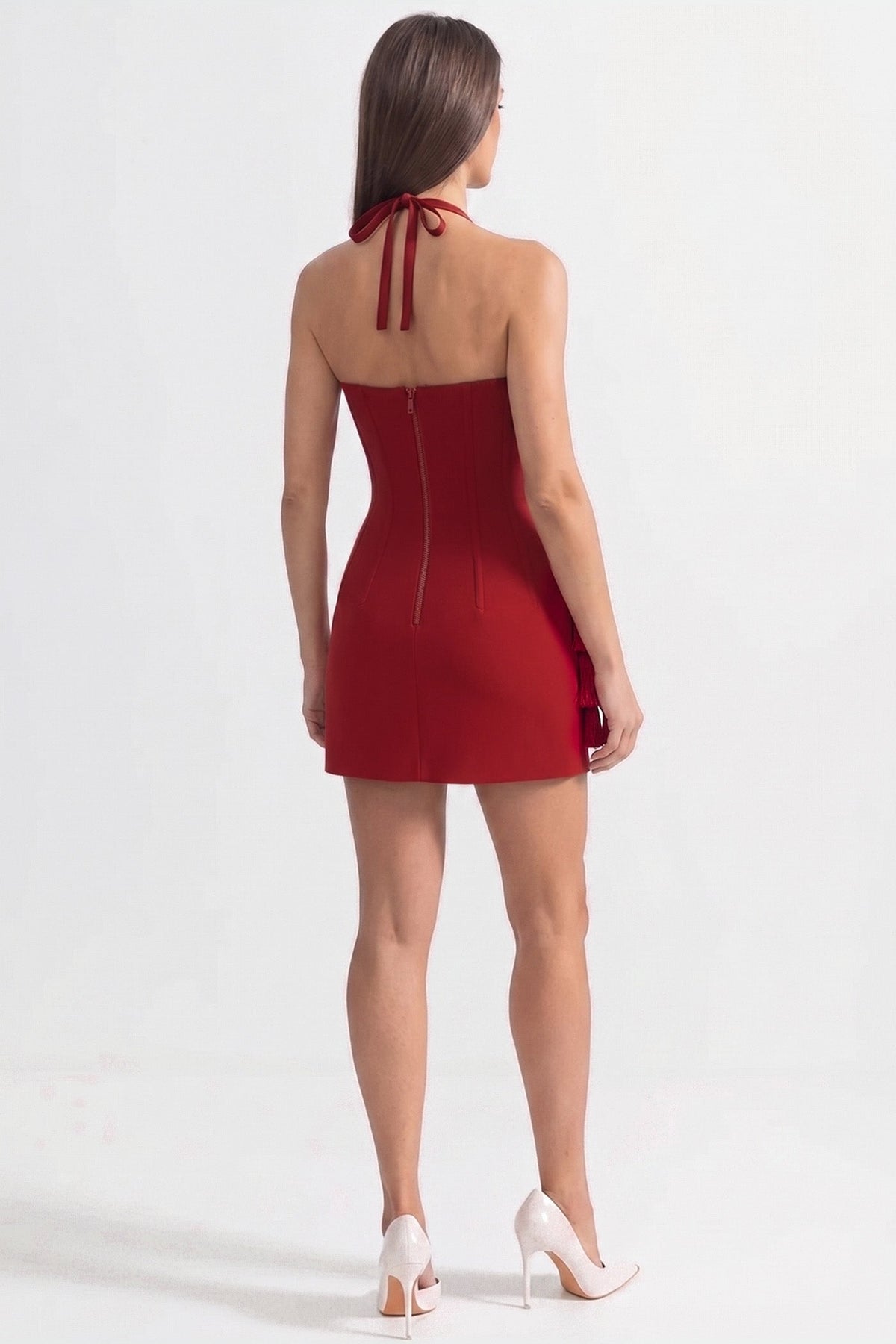 Corset Mini Dress with Sculpted Floral Hem – Red - View 5