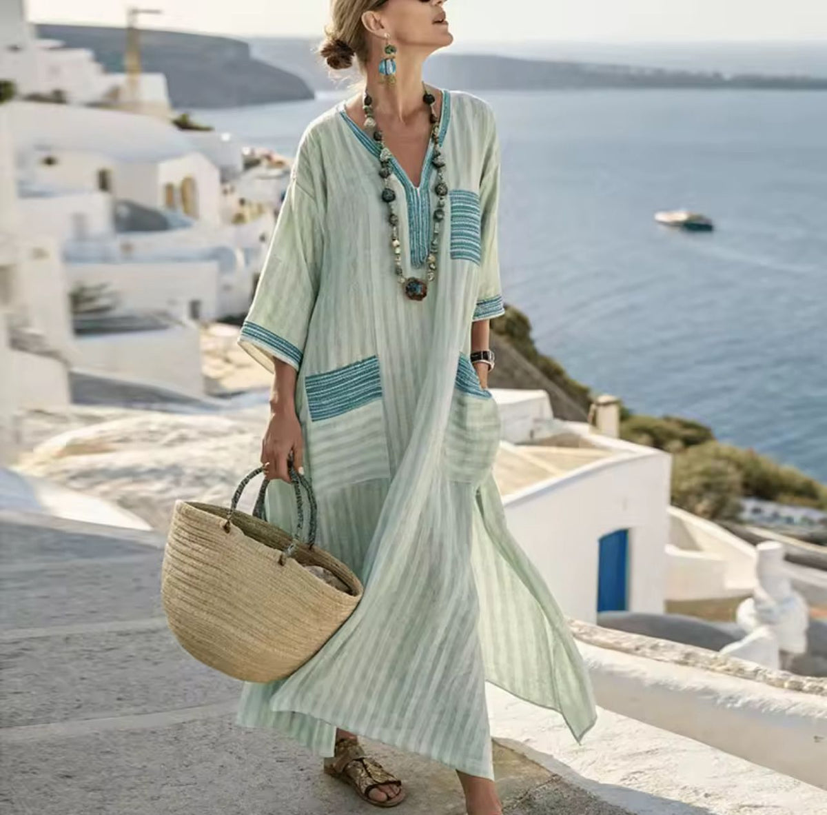 Striped Trim Patch Pocket V-Neck Maxi Beach Kaftan 8