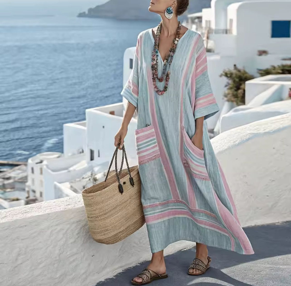 Striped Trim Patch Pocket V-Neck Maxi Beach Kaftan 2
