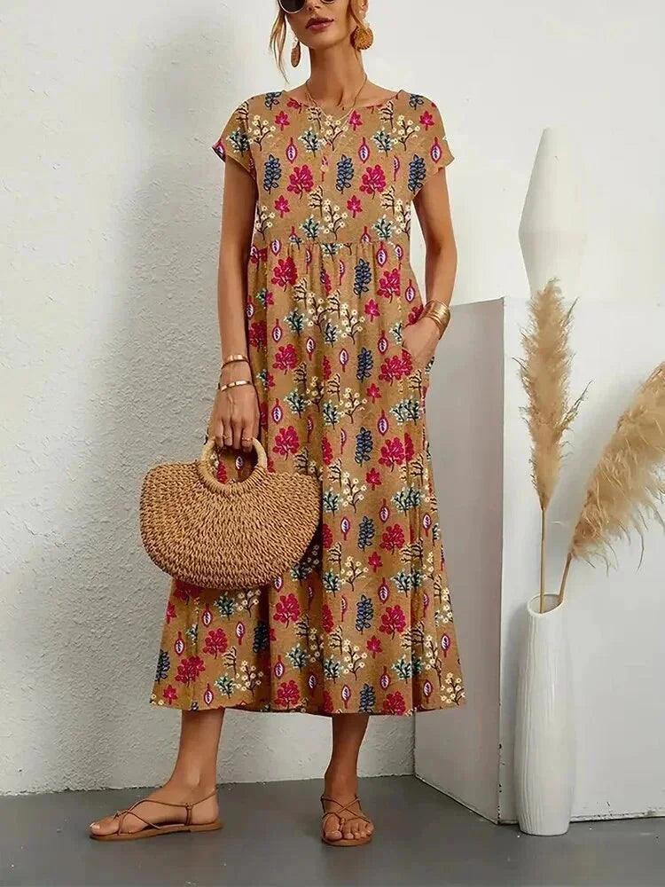 Floral Round Neck Short Sleeve Pocket Tiered Midi Dress 2