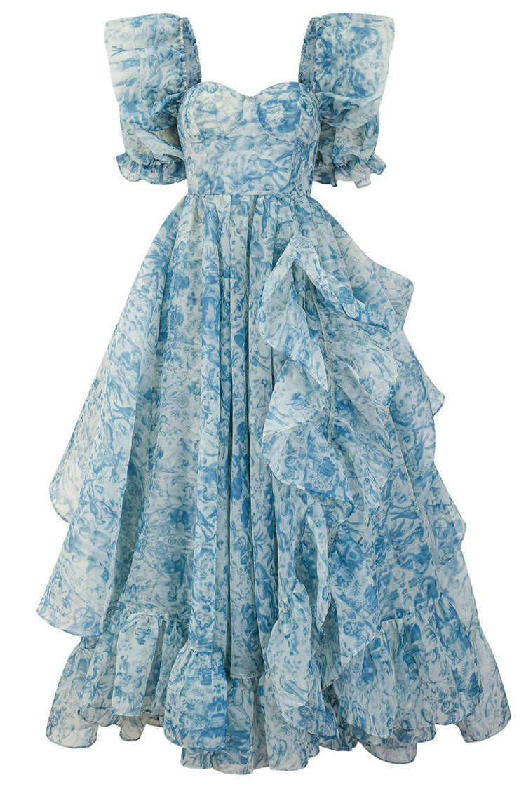 Floral Print Square Neck Puff Sleeve Ruffle Organza High Low Maxi Dress - View 5