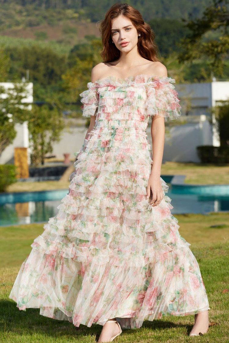 Floral Print Off Shoulder Tiered Ruffle Tulle A-Line Maxi Dress
