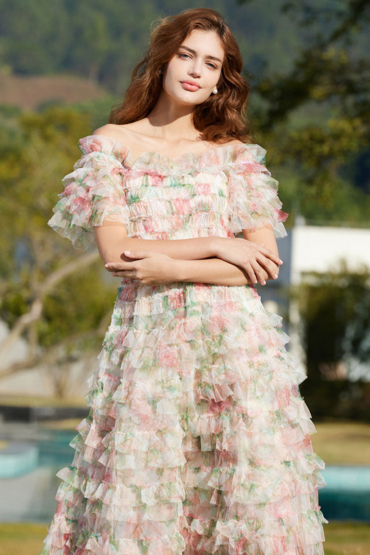 Floral Print Off Shoulder Tiered Ruffle Tulle A-Line Maxi Dress - View 4