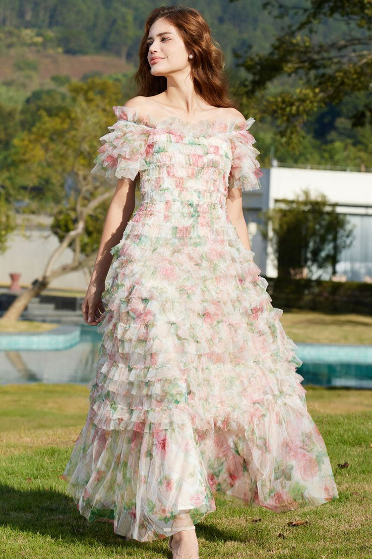 Floral Print Off Shoulder Tiered Ruffle Tulle A-Line Maxi Dress - View 3