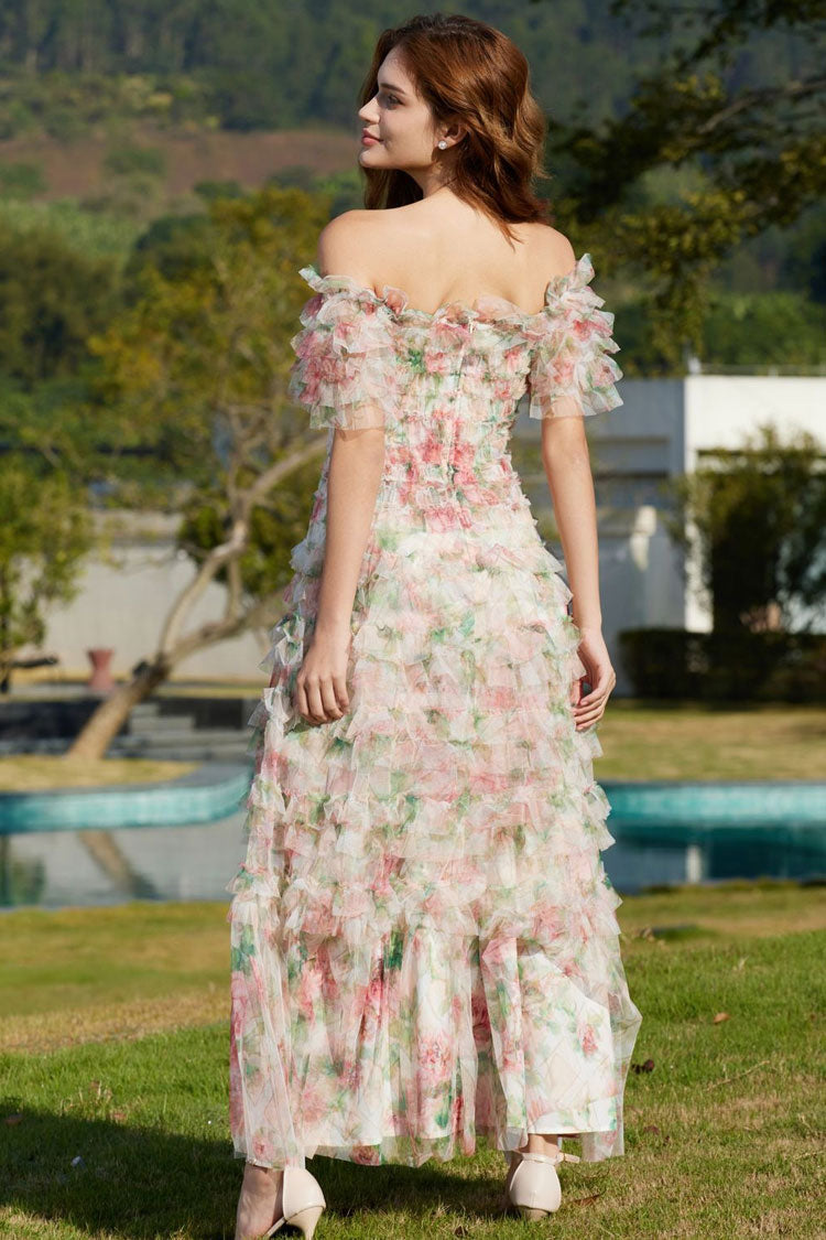 Floral Print Off Shoulder Tiered Ruffle Tulle A-Line Maxi Dress - View 5