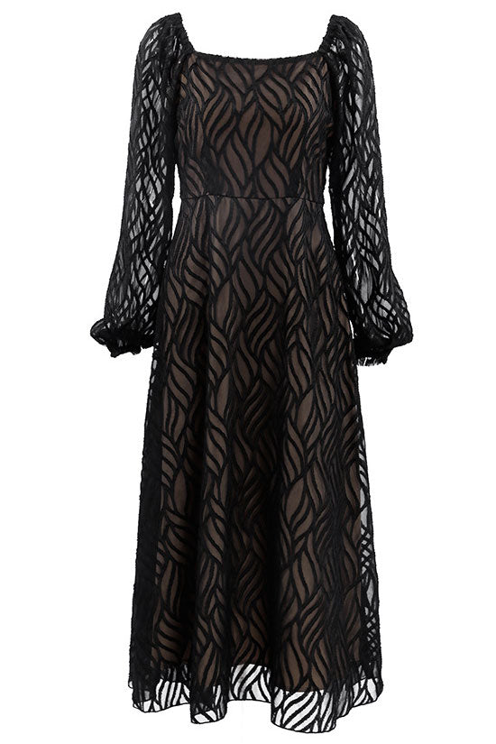 Romantic Square Neck Puff Sleeve Jacquard Chiffon Midi Dress - Black - View 4