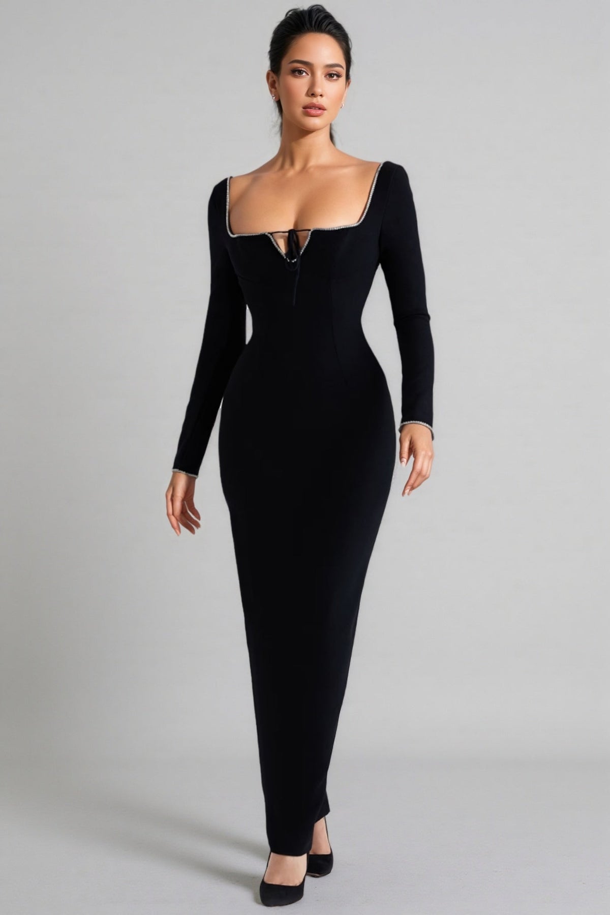 Bandage Square Neck Rhinestone Trim Long Sleeve Bodycon Maxi Dress - View 5