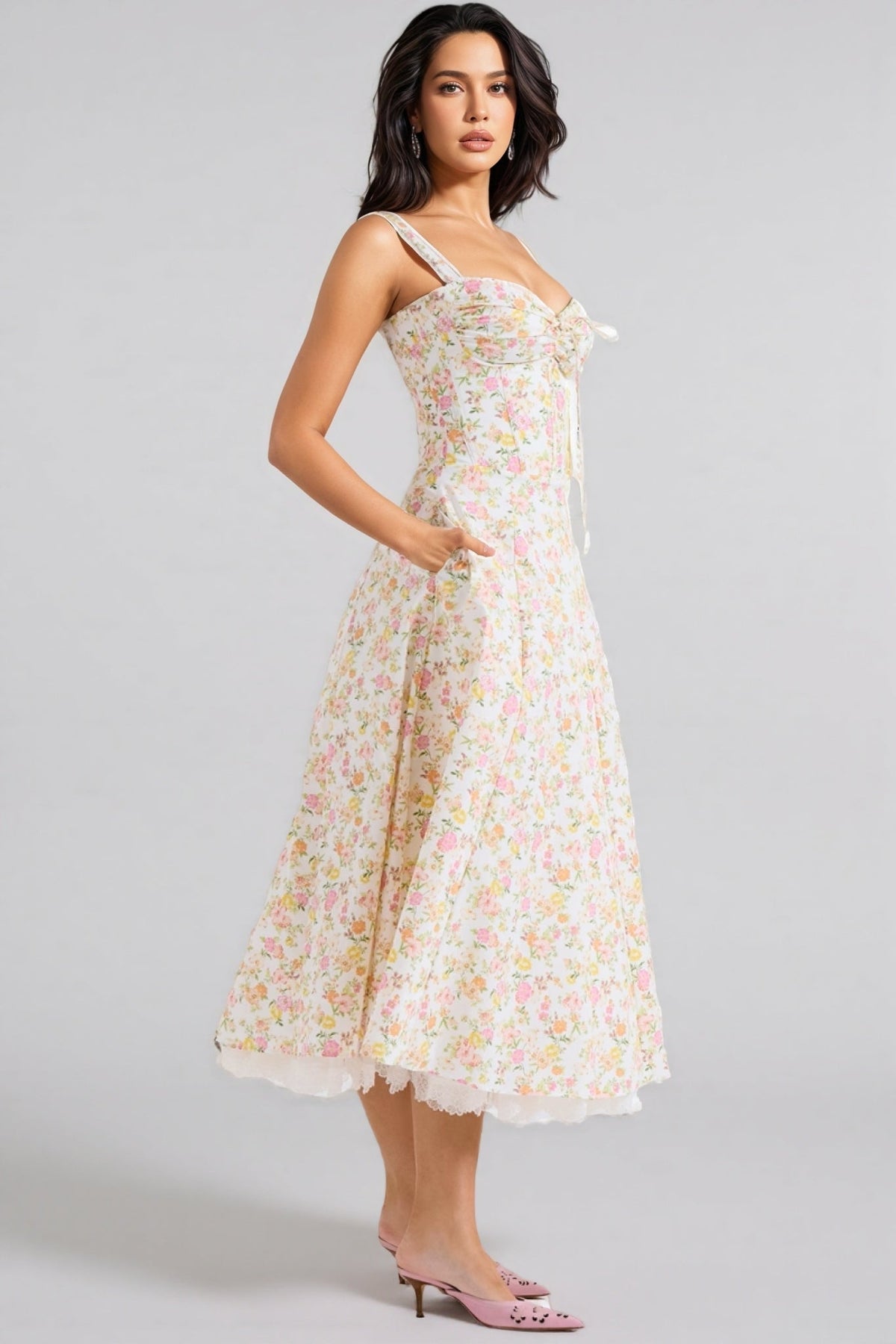Floral Print Sweetheart Tie Front Spaghetti Strap Midi Dress - View 2