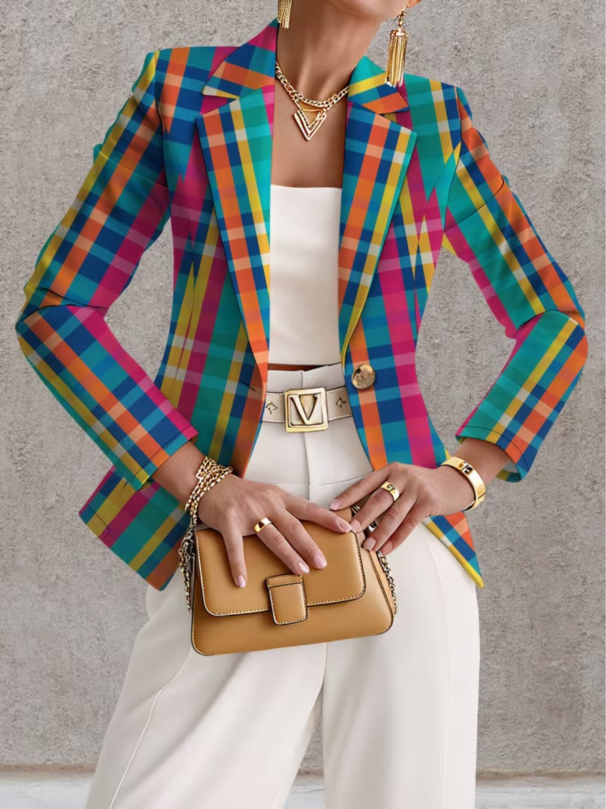 Plaid Notch Lapel Single Button Blazer