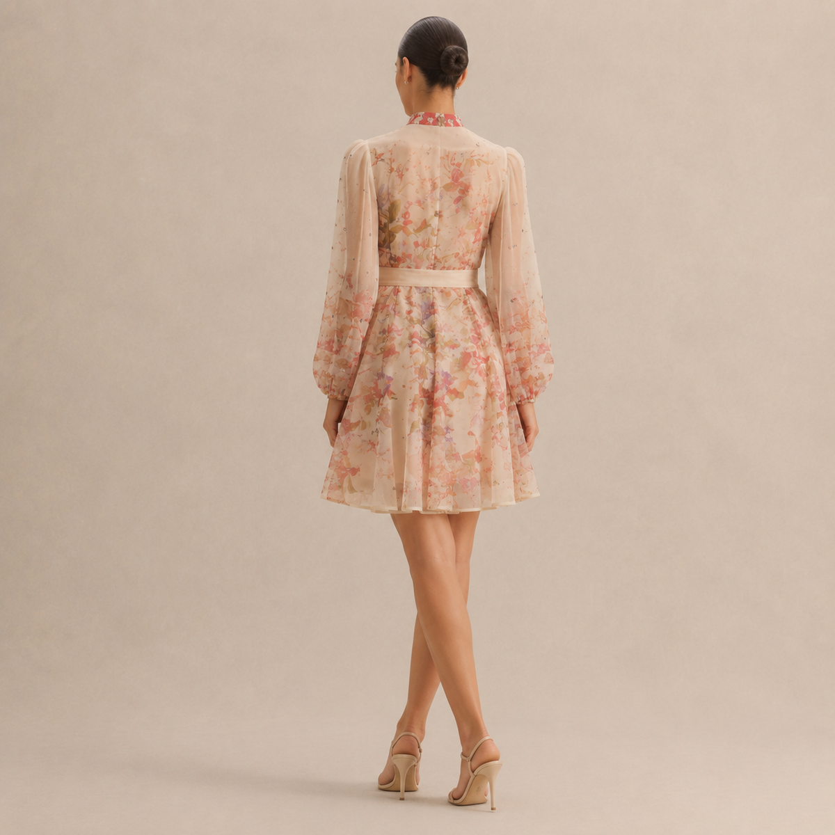 Floral High Neck Long Sleeve Belted Sheer Mini Dress 9