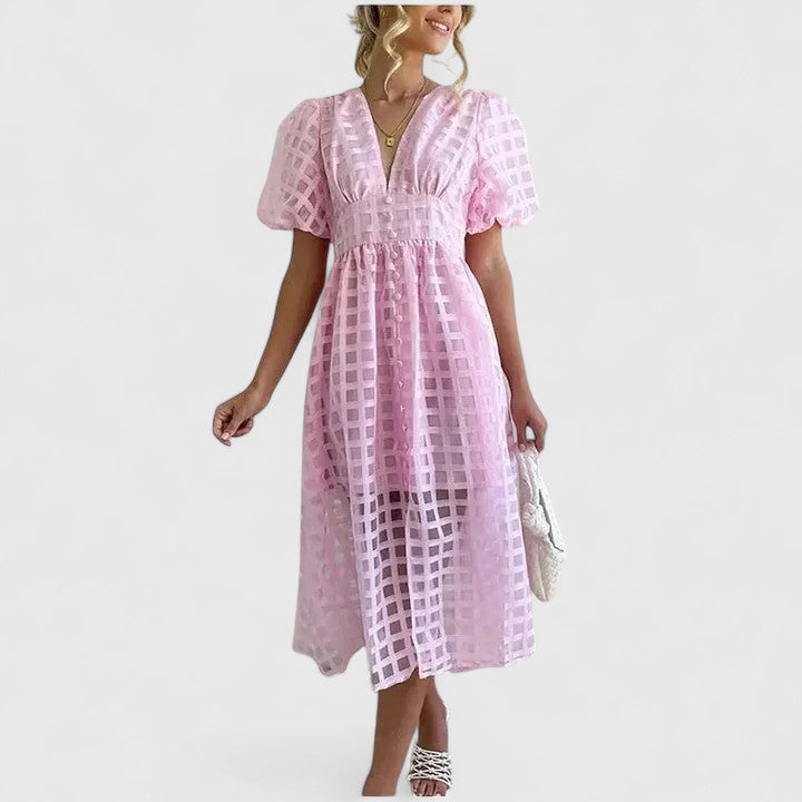 Deep V-Neck Puff Sleeve Textured Check Button Front Midi Dress 8