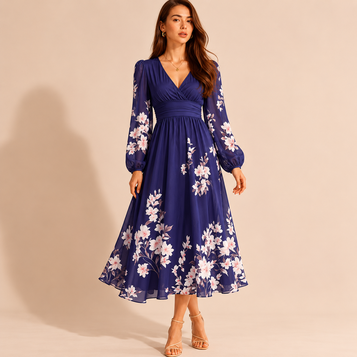 Floral V-Neck Long Sleeve Pleated Chiffon Maxi Dress 7