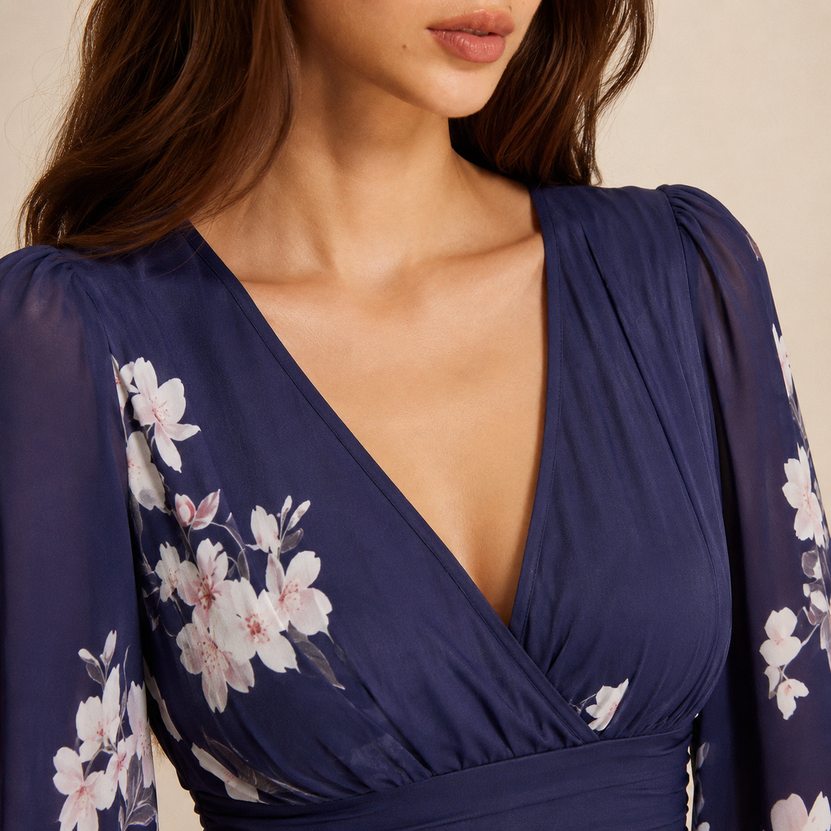 Floral V-Neck Long Sleeve Pleated Chiffon Maxi Dress 8